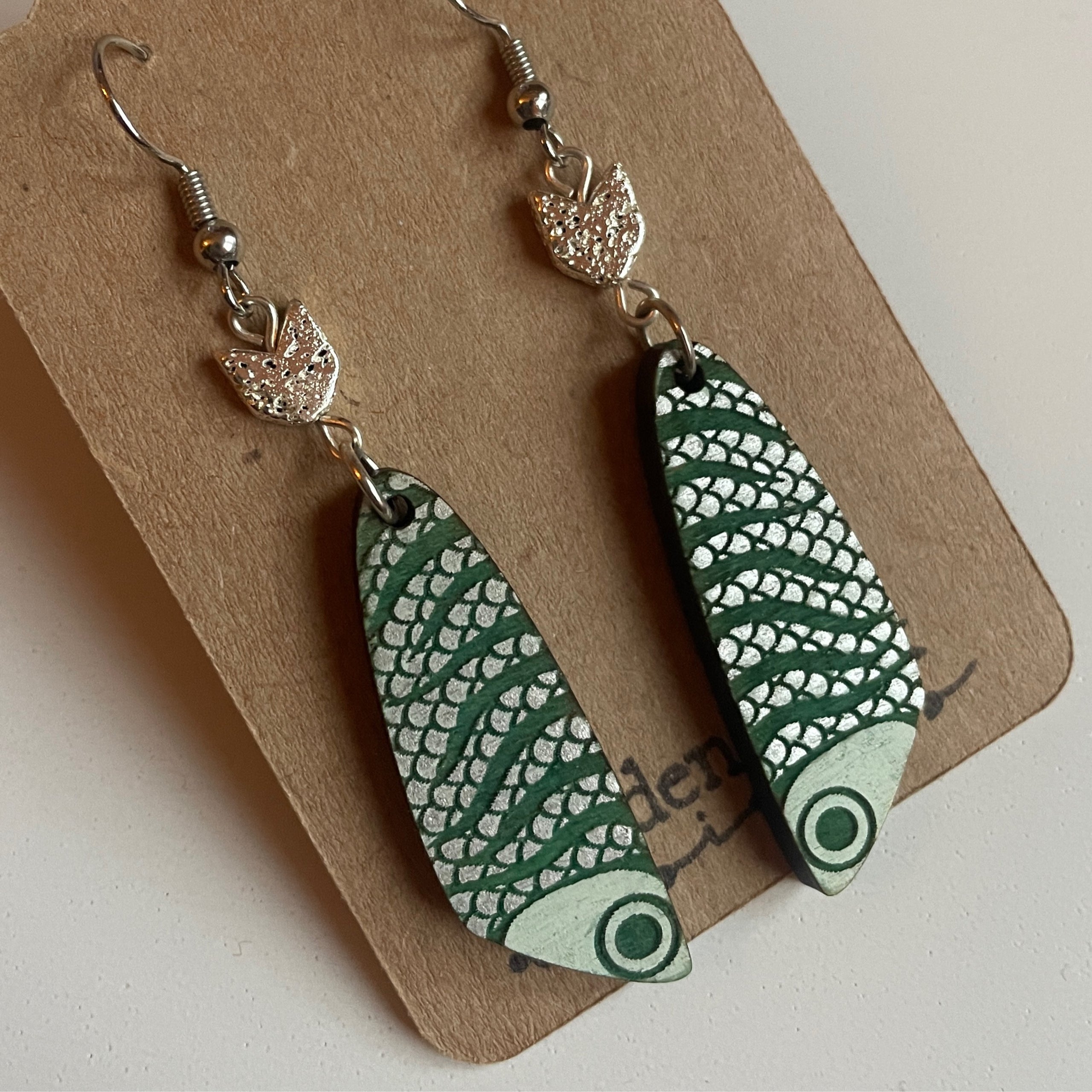 Green fishing lure earrings Hidden Creek Designs